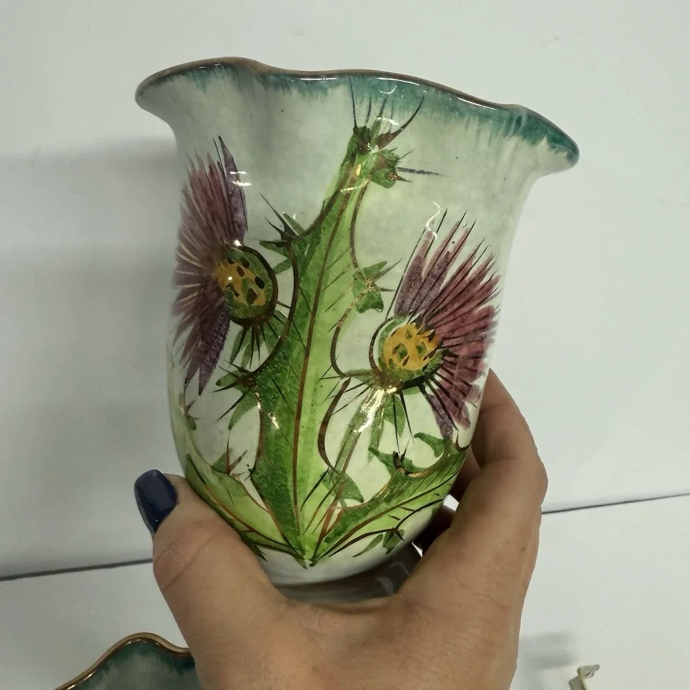 Set Of Italian Vases Hand Painted Thistle Aqua Purple Green‎ w/Gold Trim Ruffle